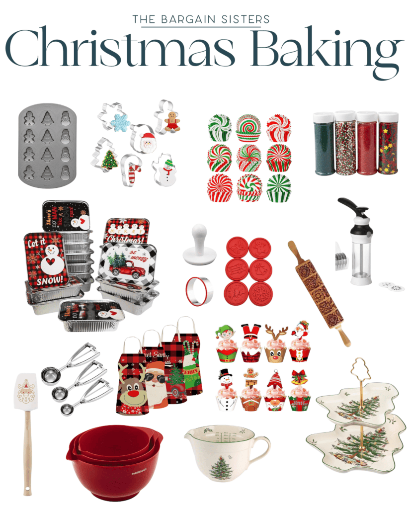 A variety of Christmas-themed baking tools and decorations for all your christmas baking needs, including cookie cutters, baking tins, silicone molds, mixing bowls, rolling pins, measuring spoons, and festive treat bags featuring holiday designs like snowflakes, Santa, and Christmas trees.