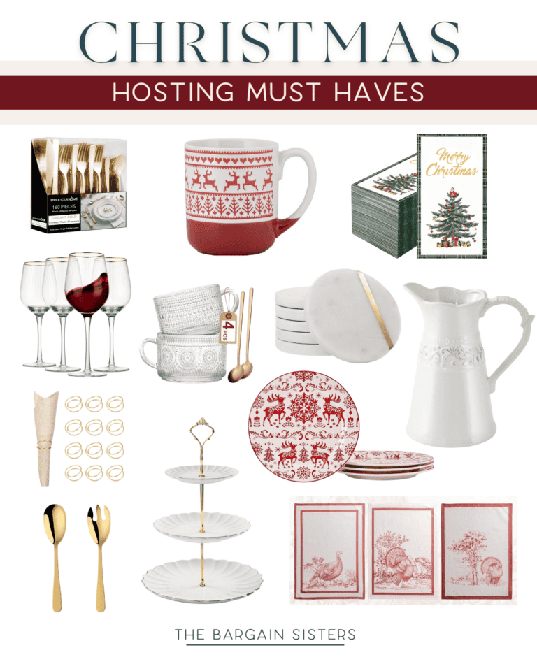 A collage titled "Christmas Hosting Must Haves" features gold cutlery, a red festive mug, Christmas-themed napkins, wine glasses, textured mugs, marble coasters, a white pitcher, napkin rings, a tiered dessert stand, and decorative plates.