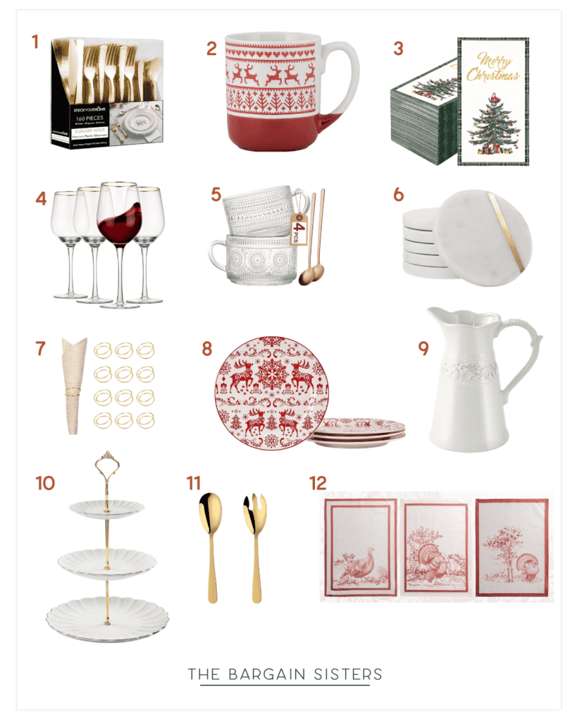 Collage of holiday-themed items: gold cutlery set, reindeer mug, Christmas cards, wine glasses, patterned plates, coasters, champagne flair, red plate, white pitcher, tiered stand, gold utensils, and red napkins. These Christmas essentials by "The Bargain Sisters" bring style to your hosting.