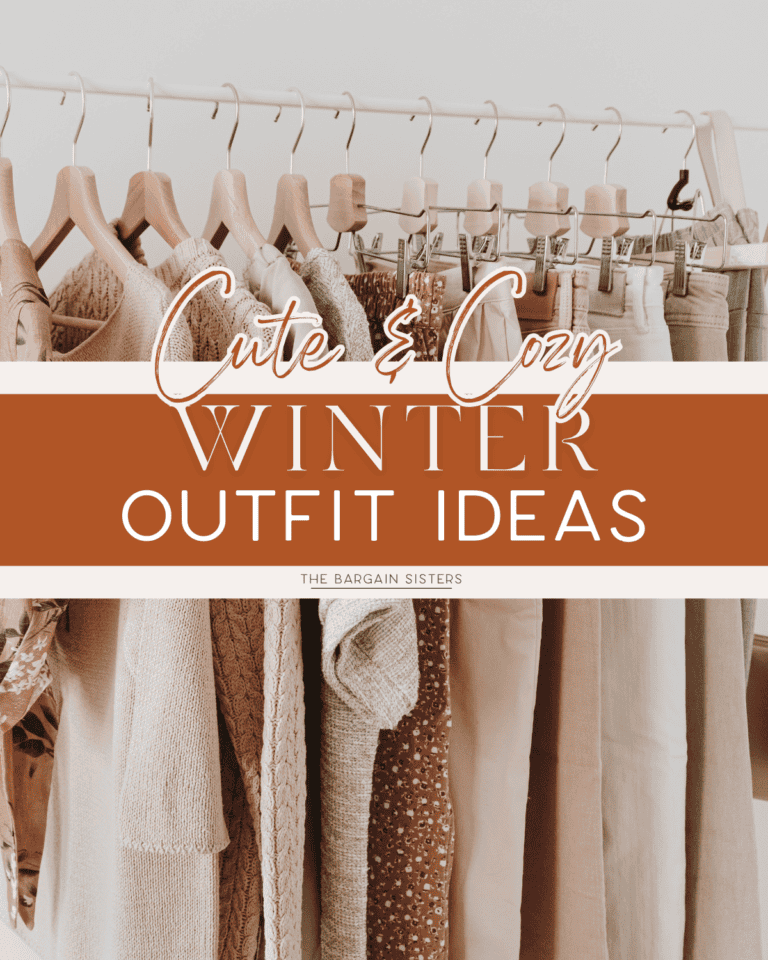 A clothing rack filled with various winter outfits, like sweaters and pants, is displayed. Text overlay reads "Cute & Cozy Winter Outfit Ideas" by The Bargain Sisters. Discover your favorite winter outfits that embrace warmth and style!