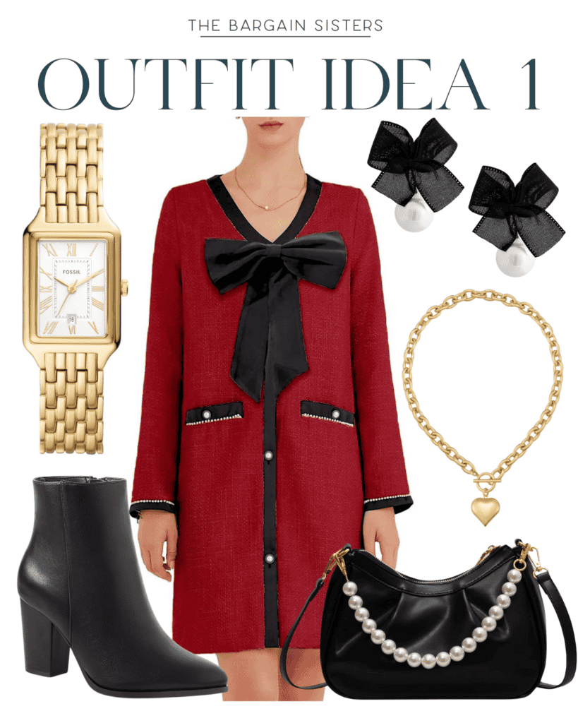 A fashion collage titled "Outfit Idea 1" showcases a red long-sleeve dress with a black bow, perfect for Cute Winter Outfits. Paired with a gold watch, black ankle boots, and a chic purse, it’s completed with pearl earrings and a heart charm necklace. Cozy elegance in every detail!