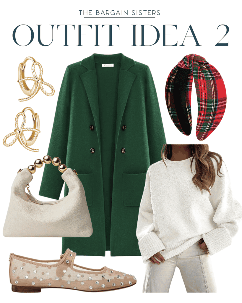 Collage of a cute winter outfit featuring a green coat, white sweater, beige handbag, pearl-studded flats, plaid headband, and gold earrings. Styled as "Outfit Idea 2" by The Bargain Sisters, it's one of their favorite winter outfits.