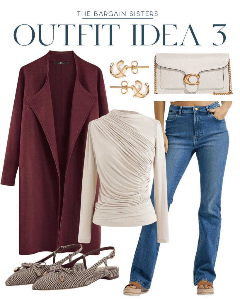 Stylish winter outfit concept featuring a long burgundy coat, ruched cream top, flared blue jeans, plaid slingback shoes, gold earrings, and a white clutch with a gold accent. Text reads "Outfit Idea 3" from "The Bargain Sisters." Perfect for showcasing cute winter outfits.