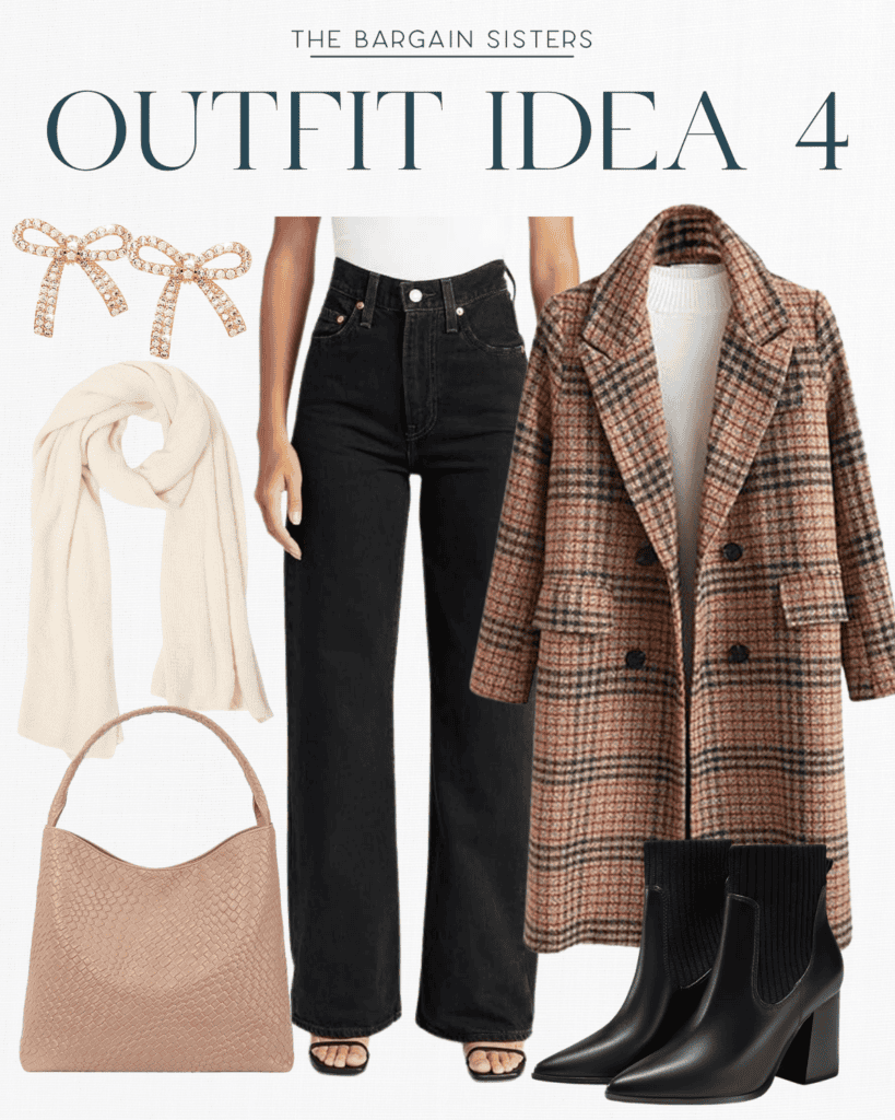 Collage of a winter fashion idea featuring a plaid coat, white top, black wide-leg jeans, heeled black boots, beige scarf, brown handbag, and jeweled bow earrings. Labeled "OUTFIT IDEA 4" by The Bargain Sisters. Perfect example of stylish winter clothing!