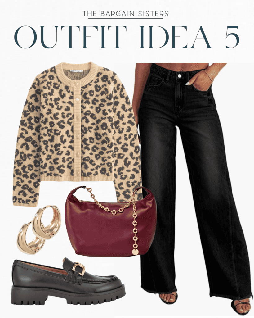 A stylish winter outfit featuring a leopard print cardigan, black wide-leg jeans, and a burgundy handbag with a gold chain. Styled perfectly with chunky black loafers and a set of gold hoop earrings, it quickly becomes one of my favorite winter outfits that's both chic and cozy.