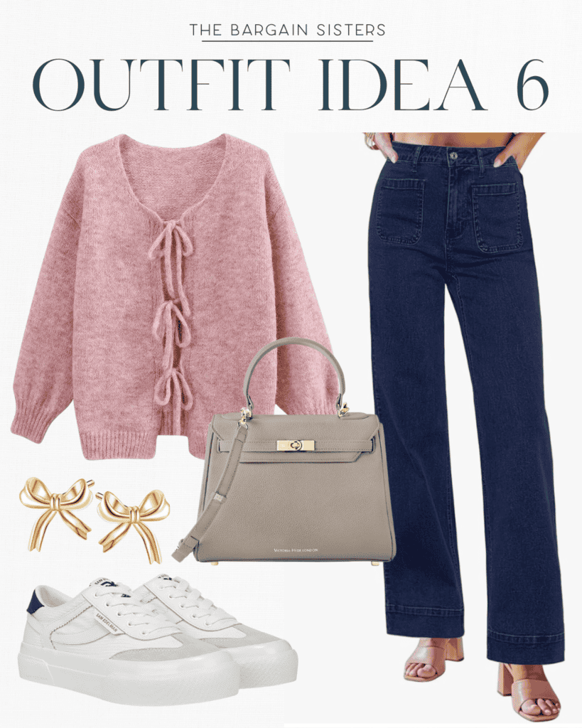 A fashion collage titled "Outfit Idea 6" showcases one of our favorite winter outfits: a pink cardigan with bows, dark blue high-waisted jeans, white sneakers, a beige handbag, and gold bow earrings.