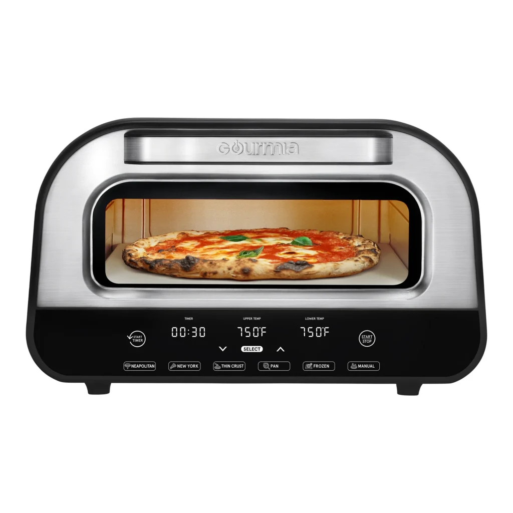 A modern pizza oven boasts a digital display reading 30 minutes and 750°F. Inside, cheese and basil meld on a stone surface. With its sleek design, it offers both manual and preset modes—perfect for elevating your Wednesday Deals with gourmet flair.