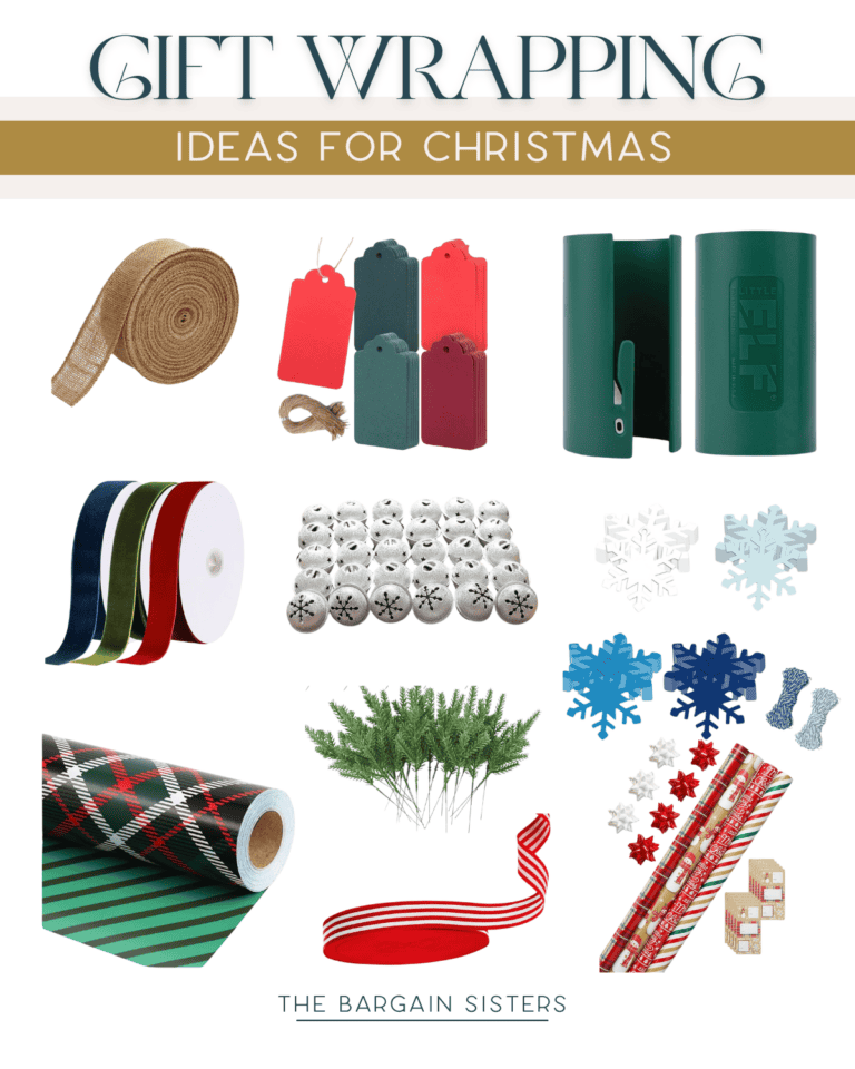 Image showcasing various Christmas gift wrapping items, available on Amazon, including ribbons, tags, bells, snowflakes, a paper roll, and a tape dispenser. The title reads "Christmas Gift Wrapping Ideas.