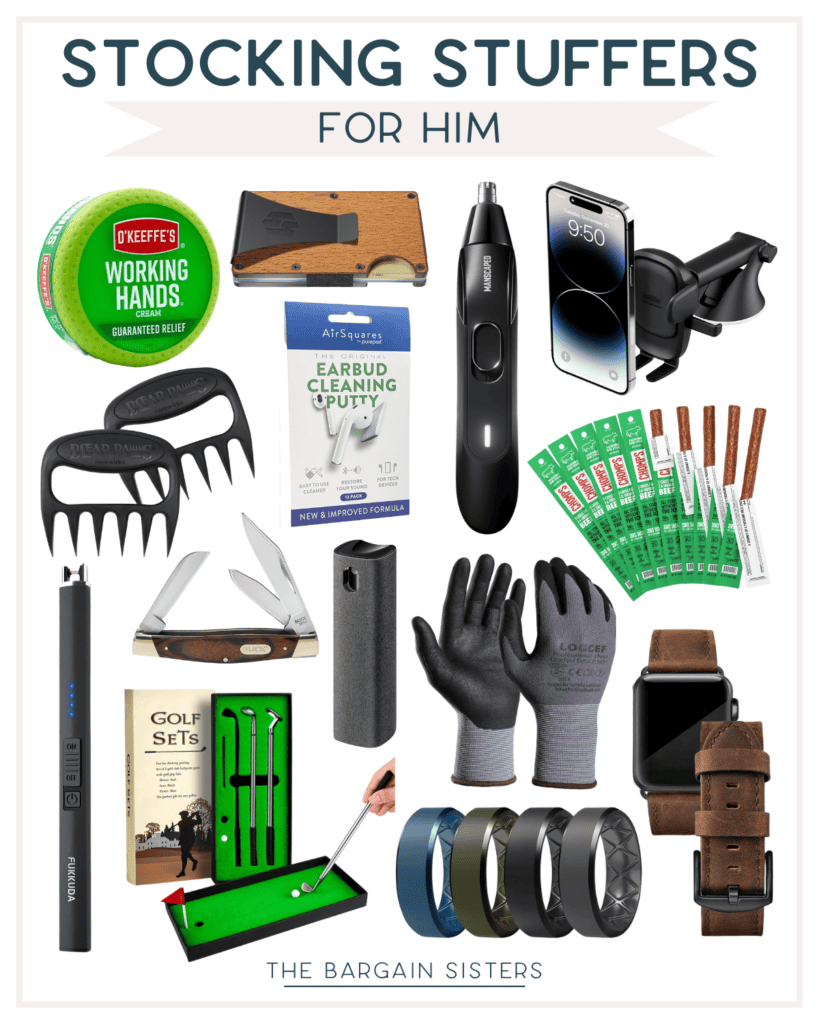 Explore stocking stuffers for everyone on your list with gifts for men, including hand cream, a phone case with card holder, claw-shaped meat shredders, earbuds cleaning putty, a flashlight, gloves, a small golf game, and silicone rings.