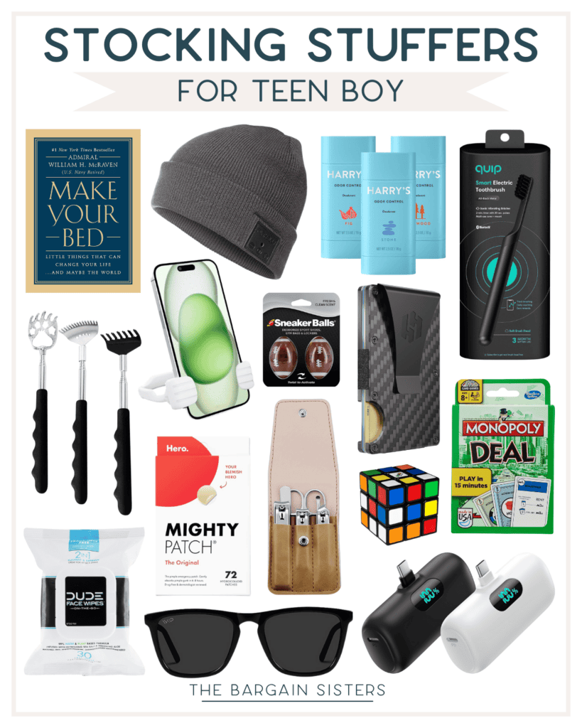 Collage of holiday stocking stuffer gift ideas for teen boys, featuring a book, beanie, toiletries, toothbrush, portable charger, phone case, massage stick, sneaker balls, card game, puzzle cube, and sunglasses. Perfect gifts to make their season bright.