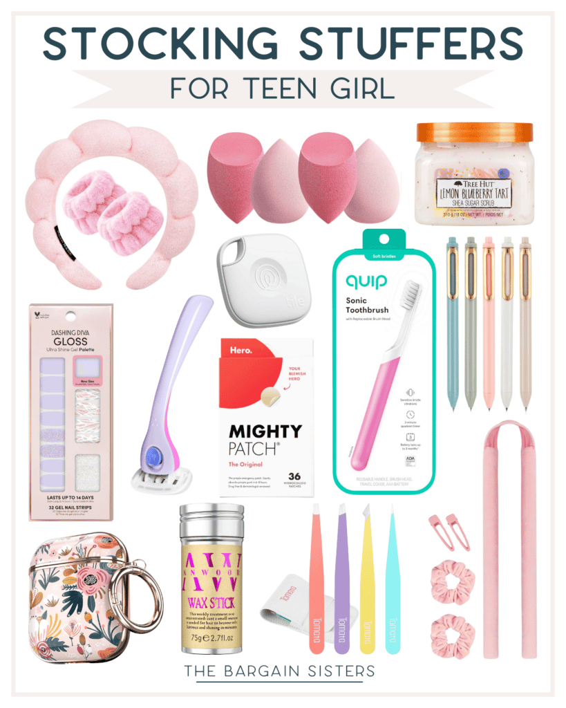 A collage of holiday stocking stuffer gift ideas for teen girls, featuring hair accessories, makeup sponges, lemon sugar bath soak, lip gloss, razor, pimple patches, toothbrush, wax stick, tweezers, and a floral-patterned AirPods case.