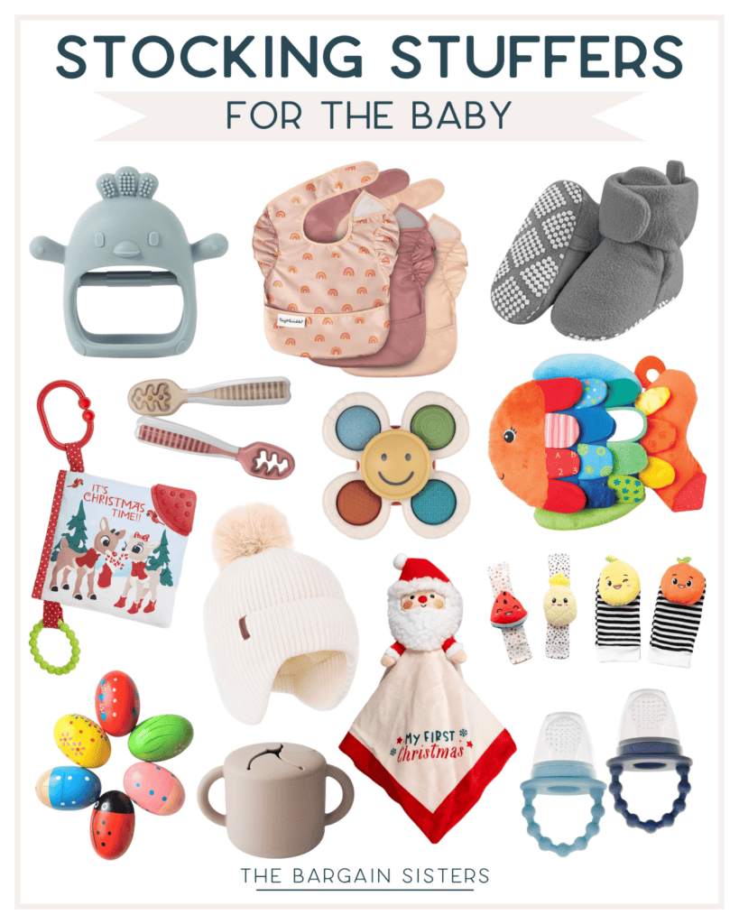 A list of baby stocking stuffer ideas, including colorful toys, mittens, a book, bibs, a hat, teethers, and a rattle. These delightful items are neatly arranged on a white background with the text "Stocking Stuffers for Everyone's Baby.