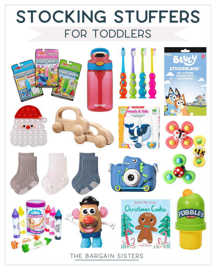 Collage of delightful holiday stocking stuffers for toddlers, featuring books, a water bottle, toothbrushes, a Bluey sticker pack, pop-it toys, socks, and more. Perfect gifts like a wooden toy car, fidget spinners, jumbo crayons, Mr. Potato Head, a toy camera, and bubble dispenser are included.