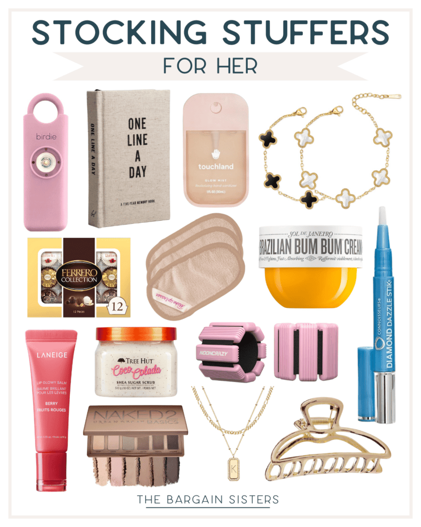 A collage titled "Stocking Stuffers for Her" showcases perfect picks for everyone on your list, including beauty products, a daily journal, a pink keyholder, jewelry, skincare essentials, a sleep mask, hair accessories, chocolate truffles, and a delightful fragrance.