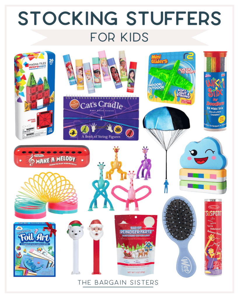 A lively collage of stocking stuffers for kids, this list features a variety of small toys like building blocks, a mini harmonica, a rainbow spring, an animal toy parachute, a hairbrush, a yoyo, and colorful crayons to delight everyone on your holiday shopping list.