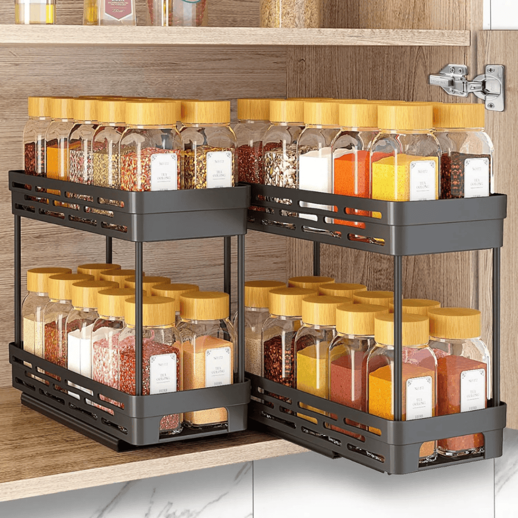 A neatly organized spice rack with two tiers contains various glass jars filled with colorful spices. The jars, featuring wooden lids and labels, stand on a wooden kitchen shelf—perfect for spicing up your meals during our exclusive Friday Deals.