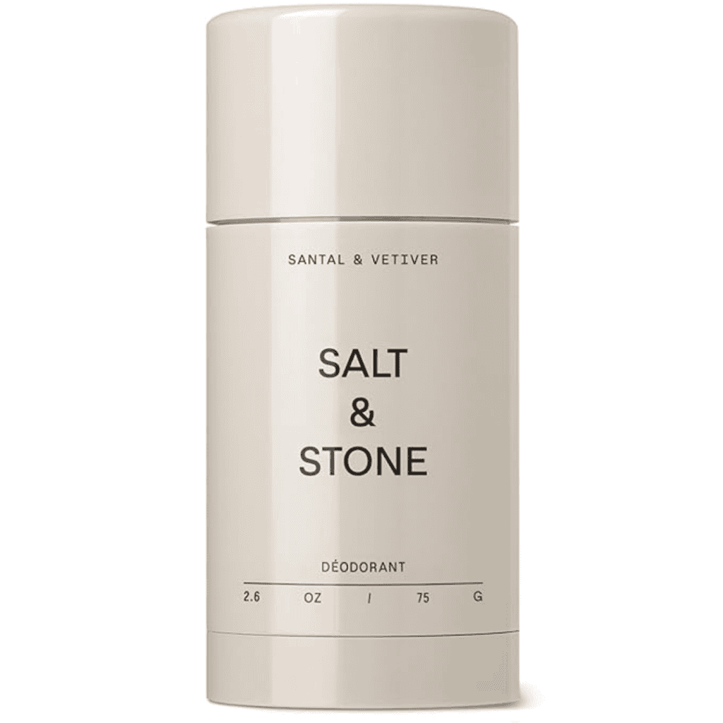 A beige cylindrical deodorant stick labeled "Santal & Vetiver, Salt & Stone, Déodorant" in sleek black text, sized at 2.6 oz / 75 g. Perfect for your grooming essentials, snag it during our Wednesday Deals for a fresh addition to your collection.