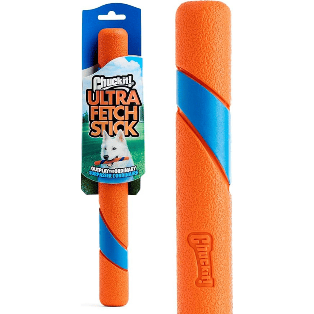 Image of an orange Chuckit! Ultra Fetch Stick with blue accents, perfect for dogs. The packaging showcases a photo of a happy pup and the product name in bold letters. Snag this playtime essential as part of our Tuesday Deals!.