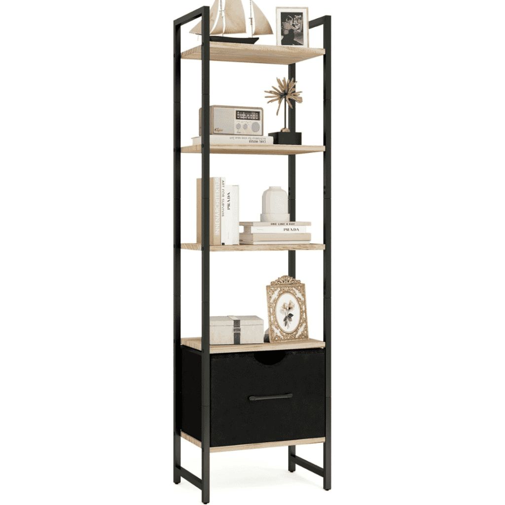 Tall black metal and wood bookshelf with five shelves, perfect for organizing books, a radio, decorative objects, and picture frames. A black drawer is at the bottom for extra storage. Don't miss out on this stylish piece during our Wednesday Deals!.