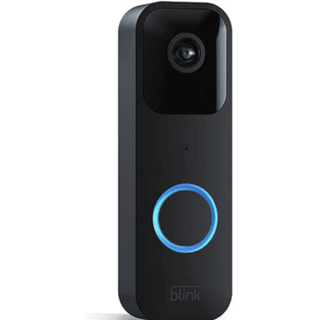 A sleek black video doorbell, perfect for Thursday Deals, features a camera at the top and a circular button below, encircled by a soft blue light. The brand name "blink" stands proudly at the bottom.