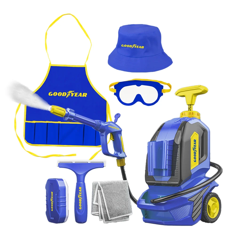 Set of blue and yellow cleaning tools featuring a pressure washer, apron, bucket hat, goggles, squeegee, cleaning cloth, and sponge. All items are branded with "Goodyear." The pressure washer is depicted spraying water. Don't miss out on these Monday Deals to upgrade your cleaning arsenal!.