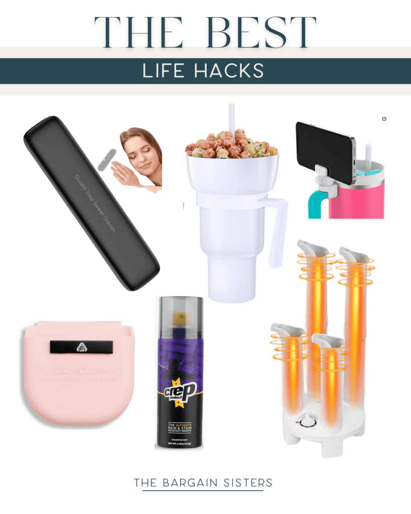 Collage of various products labeled "The Best Life Hacks": a portable charger, a cereal bowl with straw, a phone stand with cup holder, a soap dispenser, hair repair spray, and a compact hair styling tool set by "The Bargain Sisters.