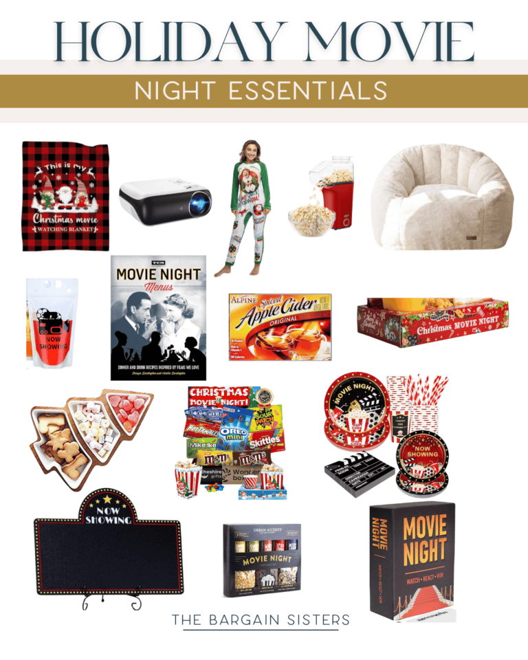 A collage of ultimate holiday movie night essentials features a cozy chair, popcorn machine, holiday-themed pajamas, projector, snacks, apple cider, blankets, serving trays, bingo game, and a chalkboard. Text reads "Holiday Movie Night Essentials - The Bargain Sisters.