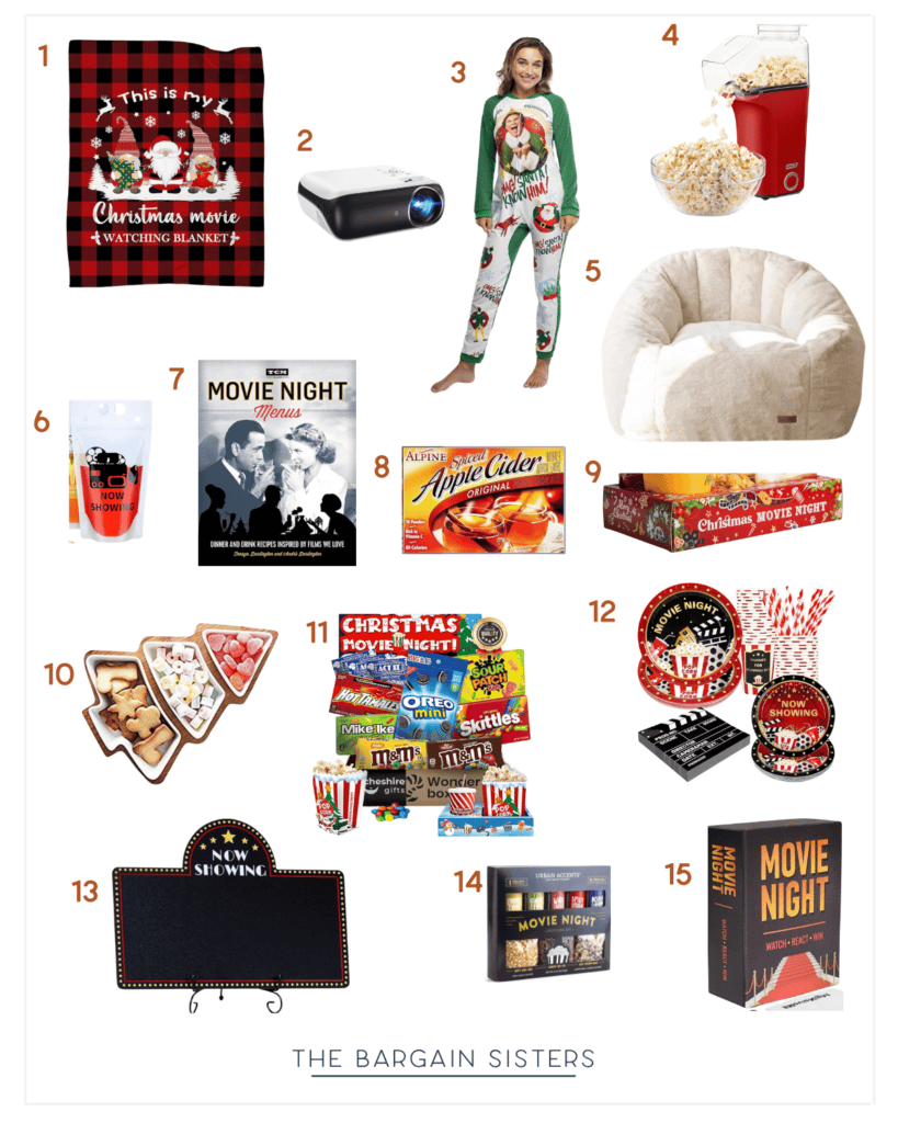 Collage of ultimate Christmas movie night essentials: blanket, projector, festive pajamas, popcorn maker, bean bag chair, popcorn cups, cider mix, cookies, candy, truffle assortment—all perfect for a holiday movie marathon—with a chalkboard sign and movie questionnaire cards to complete the experience.