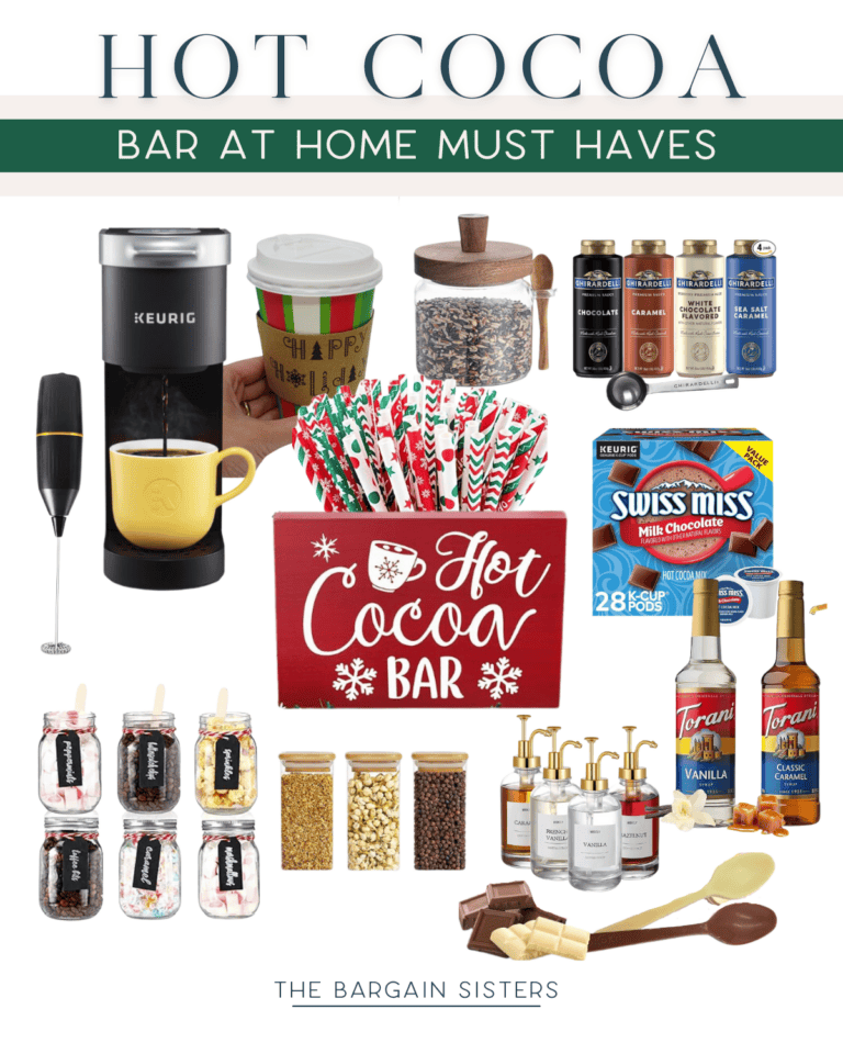 The image showcases "Hot Cocoa Bar at Home Must Haves," highlighting a delightful hot chocolate bar setup with essentials like a Keurig coffee maker, whipped cream, syrup bottles, cocoa mix, mugs, a milk frother, jars of marshmallows, spoons, and stirrers displayed in a cozy collage.