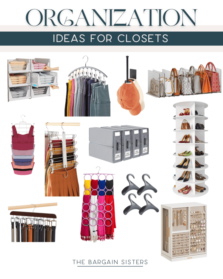 A collage of closet organization ideas, including shelving for clothes, hangers for pants and tank tops, hat and purse organizers, a shoe carousel, binders for documents, and accessories for scarves and jewelry.