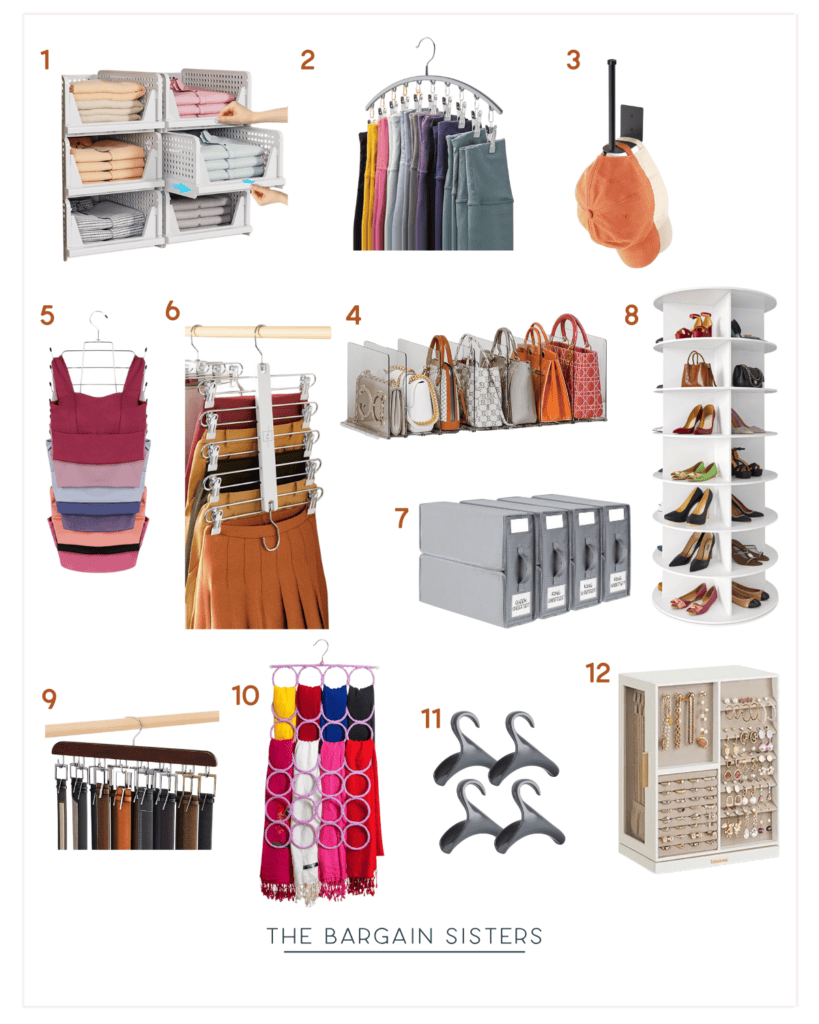 Image showcasing twelve organizing products: fabric bins, pant hangers, a cap holder, purse storage hooks, multi-tier hangers, skirt hangers, an acrylic purse rack, file boxes, pants rack, scarf display, cascading hangers, and a jewelry cabinet.