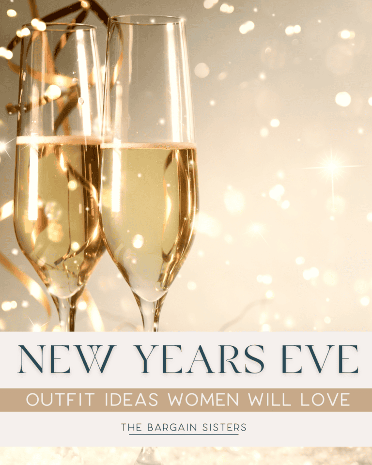 Two champagne glasses in foreground with sparkling lights in the background. Text overlay reads: "New Years Eve Outfit Ideas Women Will Love - The Bargain Sisters.