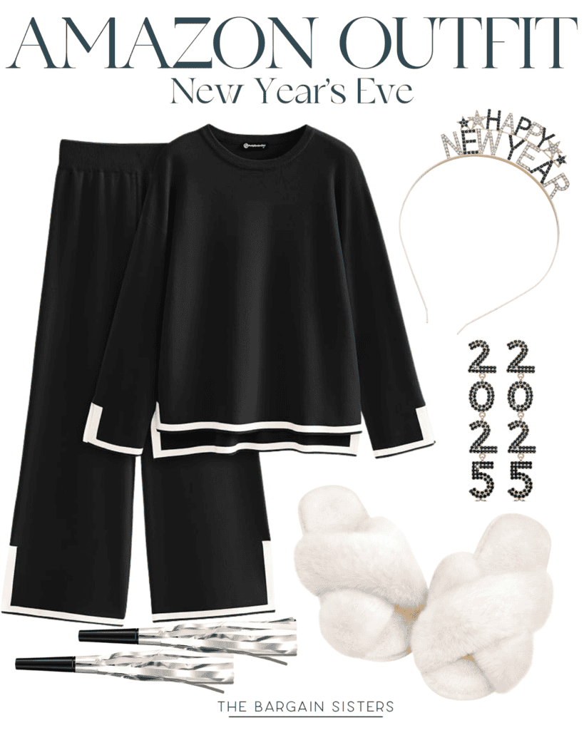 A stylish New Year's Eve outfit for women features the best black and white loungewear set, fluffy white slippers, a "Happy New Year" headband, "2025" earrings, and silver party poppers. This Amazon Outfit ensures you celebrate in comfort and style.