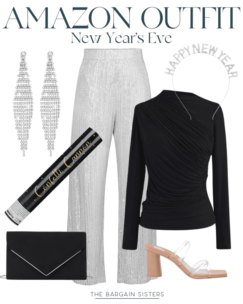 A collage showcasing the best New Year's Eve outfit for women: long silver earrings, sparkly silver pants, a ruched black top, a Happy New Year headband, a confetti cannon, a chic black clutch, and clear strap heels. Text reads "Amazon Outfit New Year's Eve.