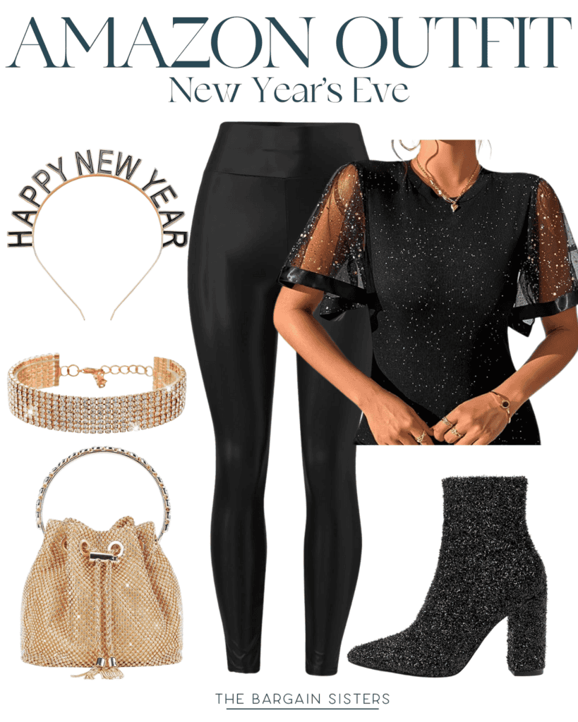 Celebrate in style with this festive New Year's Eve outfit for women, featuring a black glittery top with sheer sleeves, paired with sleek black leggings and glittery ankle boots. Accessorize perfectly with a gold drawstring bag, rhinestone choker, and a "Happy New Year" headband.