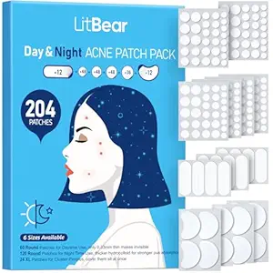 Discover Friday Deals with the LitBear Day & Night Acne Patch Pack, featuring 204 patches in various sizes. The packaging showcases an illustrated side profile of a person with blue hair against a light blue background, accompanied by six sheets of patches beside the box.