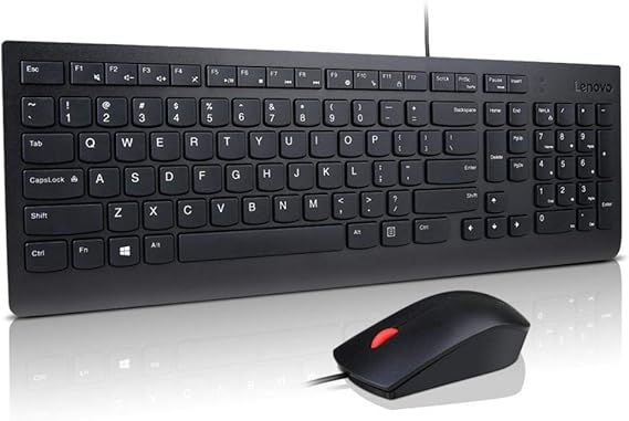 A black Lenovo wired keyboard and mouse set from the Wednesday Deals lineup. The keyboard features a standard QWERTY layout with additional function keys, while the mouse boasts a streamlined design with a single red button, all elegantly placed on a reflective white surface.