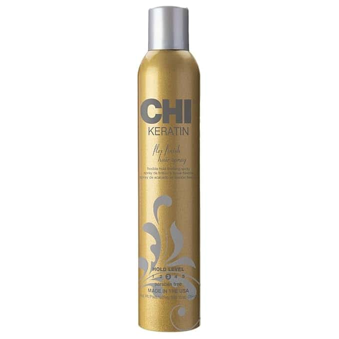 A gold bottle of CHI Keratin Flex Finish Hair Spray with a silver cap, perfect for snagging during Tuesday Deals. Adorned with subtle decorative elements, it's labeled paraben-free and offers a hold level of 2 out of 5. Proudly made in the USA.