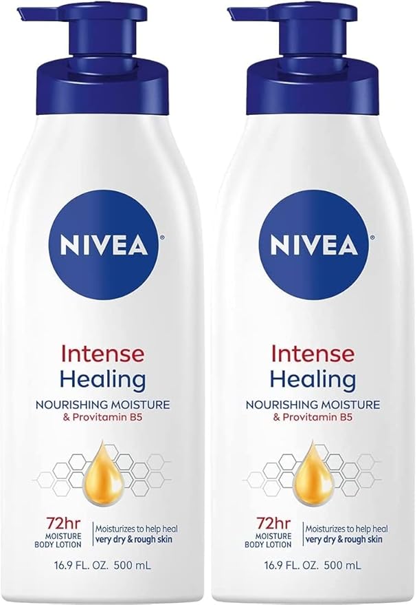 Two bottles of Nivea Intense Healing Lotion with blue pumps are featured in our Thursday Deals. The label highlights "Nourishing Moisture & Provitamin B5" and promises "72hr moisture" for very dry skin. Each bottle contains 16.9 fl. oz. (500 ml).