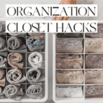 Perfectly organized rolls of clothes in white bins with the words organization closet hacks