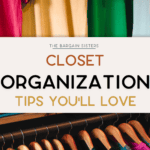 A colorful closet with perfectly organized clothes on hangers with the words closet organization tips you'll love.