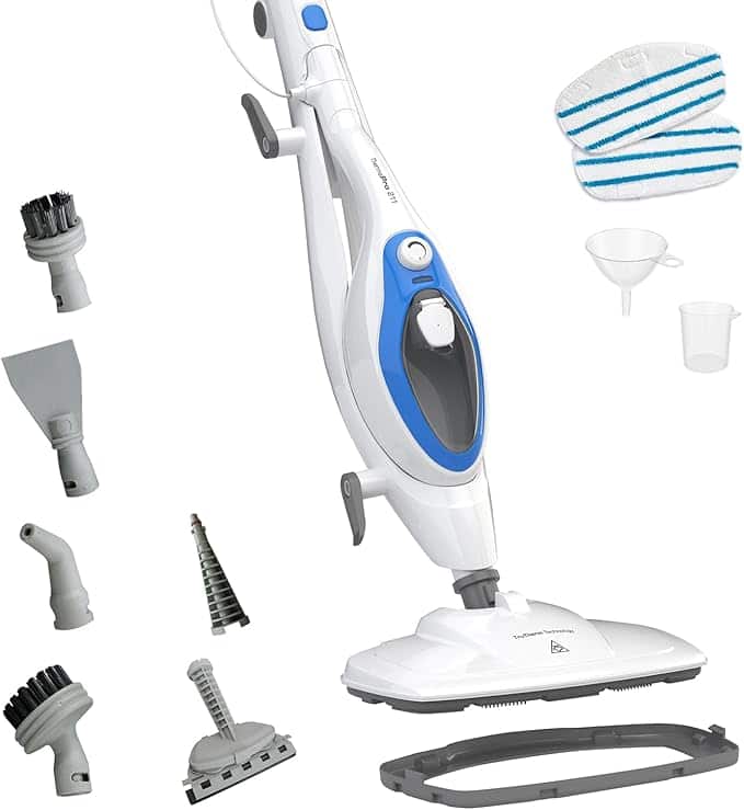 A white and blue steam mop, featured in the Thursday Deals, comes with various attachments like brushes, a squeegee, a mop pad, a funnel, and a measuring cup, all displayed around it.