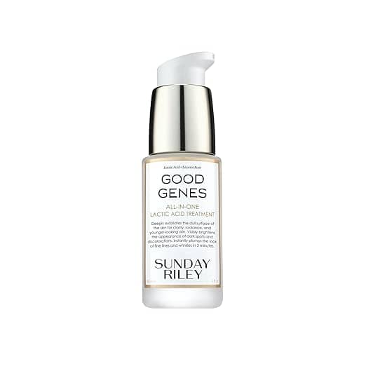 A bottle of Sunday Riley Good Genes All-In-One Lactic Acid Treatment, featuring a white label with black text and a sleek silver pump top, is designed to exfoliate and improve skin texture. Keep an eye out for Tuesday Deals to snag this skincare essential at the best price.