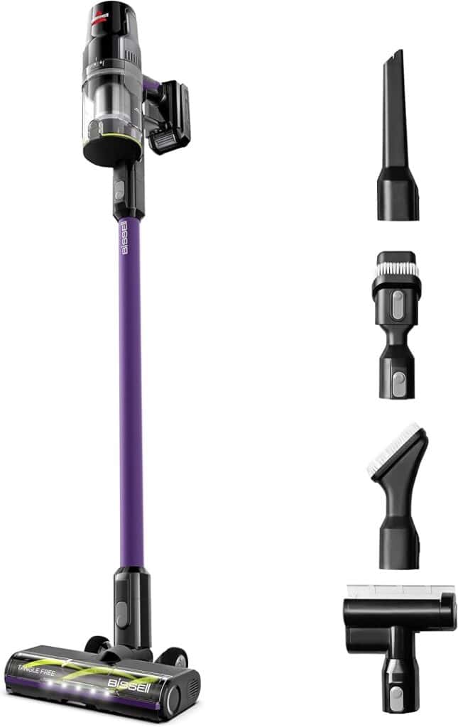 A cordless vacuum cleaner with a purple handle is showcased, perfect for your Friday Deals wishlist. It includes four detachable accessories: a narrow nozzle, small brush tool, wide brush, and flat head attachment. The cleaner features a motorized brush head at the bottom.