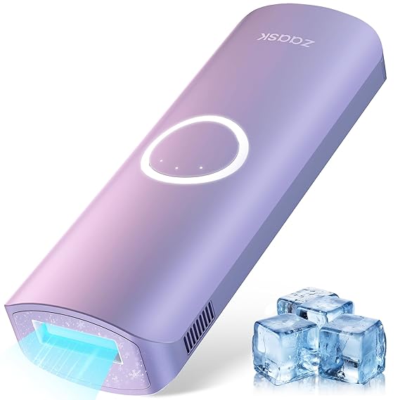 A sleek purple handheld device with a glowing circular light and a small vent emits a blue beam, positioned next to a cluster of ice cubes. The brand name graces its surface, offering an ideal choice for savvy shoppers exploring Friday Deals.