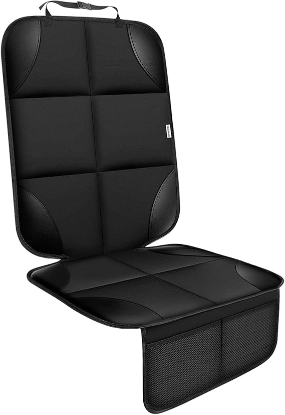 Black car seat protector with reinforced padding and adjustable straps, available during Thursday Deals. It features a textured seat and backrest, plus mesh pockets on the lower section for extra storage. Perfectly designed to protect vehicle seats from spills and wear.