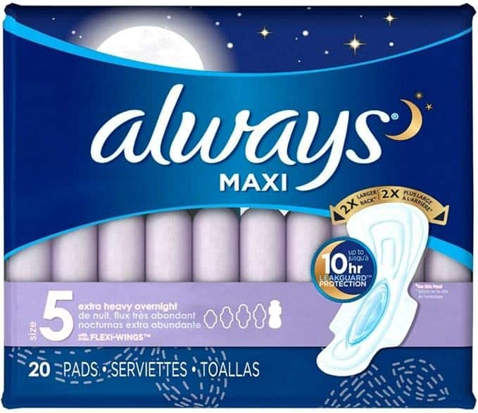 Image of an Always Maxi pads package featured in Wednesday Deals. The front displays a nighttime theme with a moon and stars, indicating size 5, extra heavy overnight. Includes 20 pads with Flexi-Wings for 10-hour protection. Text is in English, French, and Spanish.