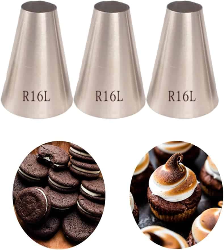 Three metal piping nozzles labeled "R16L" are displayed above two circular images: one showing a stack of chocolate sandwich cookies and the other featuring cupcakes topped with toasted meringue. Discover them as part of our exclusive Wednesday Deals!.