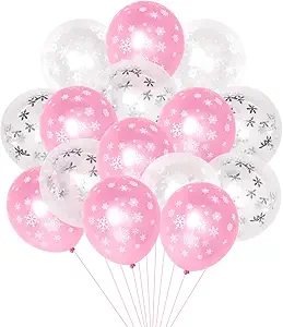 A cluster of pink and white balloons adorned with white snowflakes, some featuring small black stars, forms a festive display. Perfect for brightening up Wednesday Deals, these inflated balloons offer a touch of whimsy and celebration.