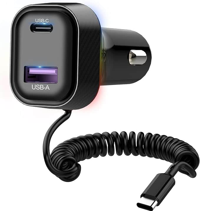 Discover our sleek, compact black car charger with USB-C and USB-A ports, featuring a coiled cable with a USB-C connector. Perfect for in-car charging of multiple devices, it's an excellent addition to your tech gear. Don't miss out on this versatile accessory during our Thursday Deals!.